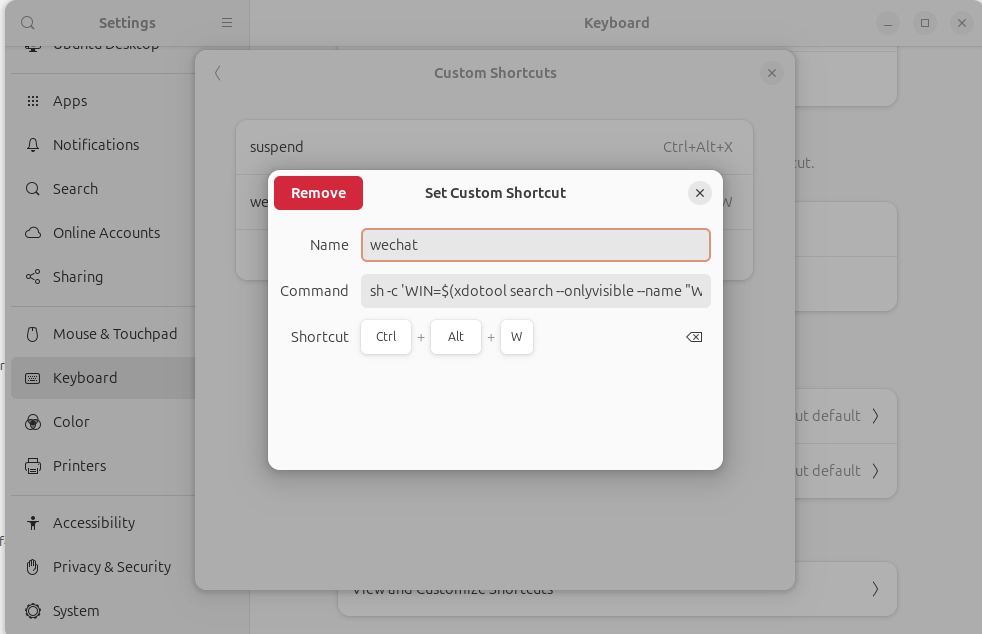Ubuntu custom shortcut for WeChat